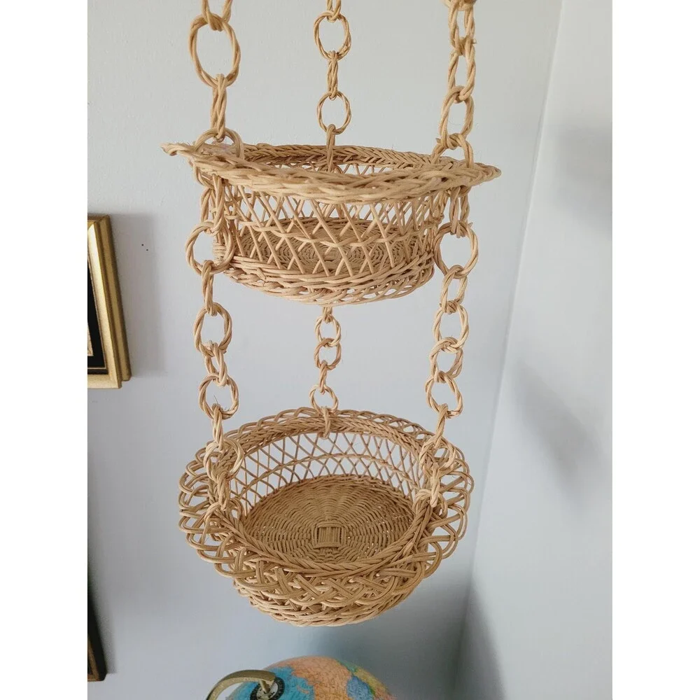 Vintage Handwoven Rattan Hanging Basket 3-Tier Organizer